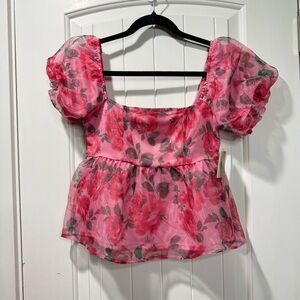 Floral Pink Puff Sleeve Top size Small